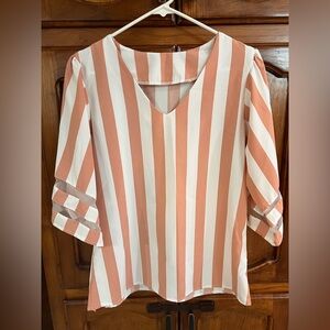 Women's Stripe Printed V-Neck Mesh Splice Casual Shirt! Size Medium!